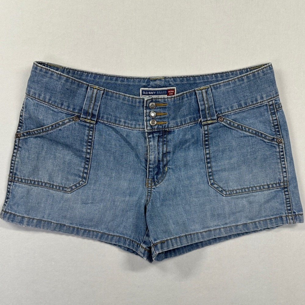 Vtg Y2K Old Navy Ultra Low Waist Denim Shorts 8 Blue Ultra Low Waist Retro Flap